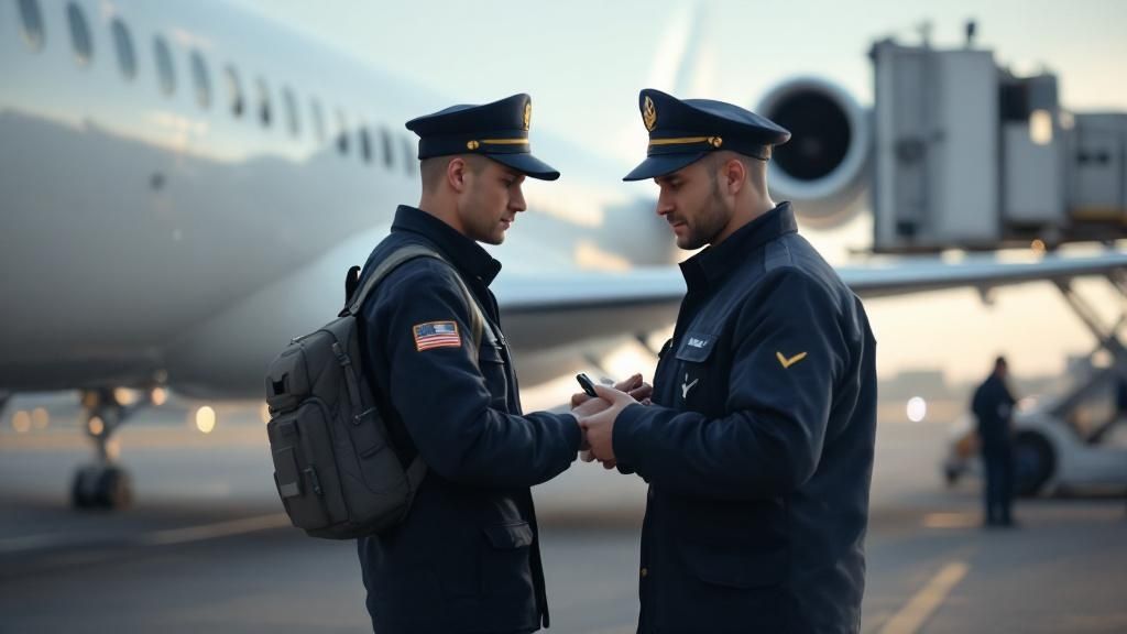 Two pilots in uniform reviewing documents on the tarmac beside a commercial aircraft before departure.