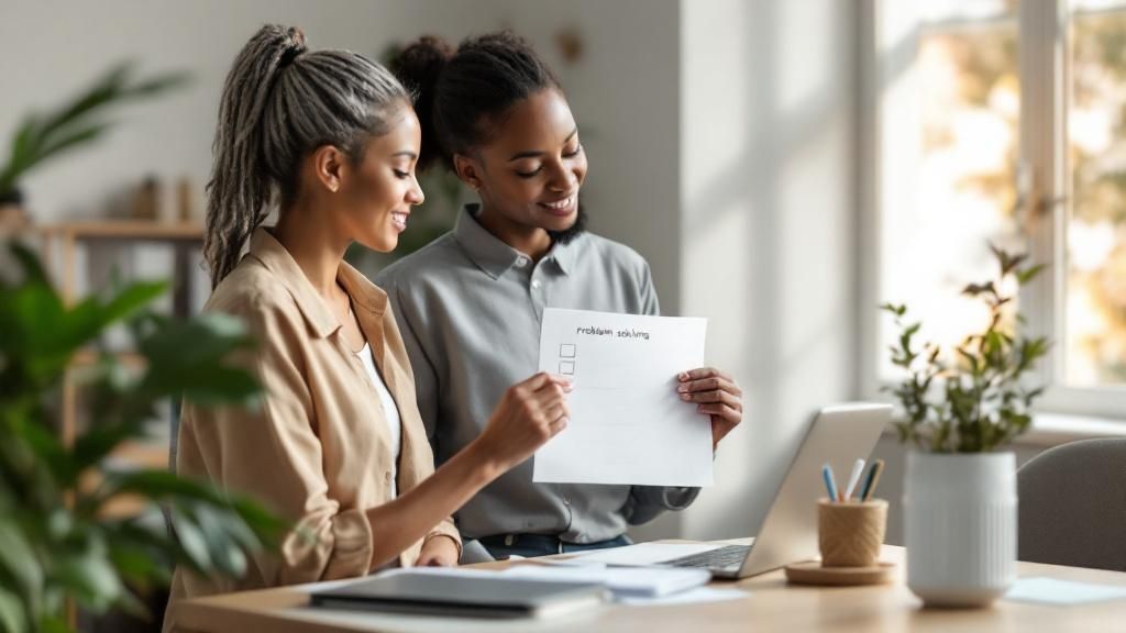 Two women smiling while discussing a problem-solving checklist in front of a laptop.