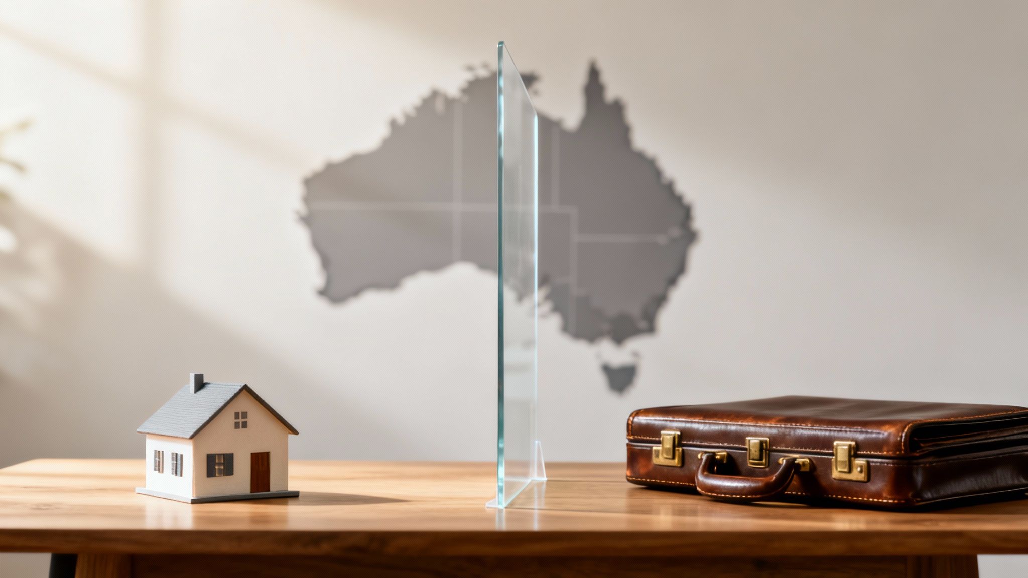 A miniature house, glass divider, and briefcase on a table with an Australian map.