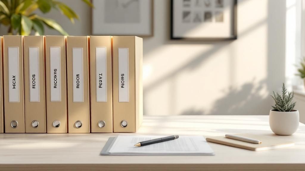 Organised tax record binders labeled 'RECEIPTS' and 'RECORDS' on a shelf with documents and a pen on a desk, representing proper tax documentation storage in Australia.