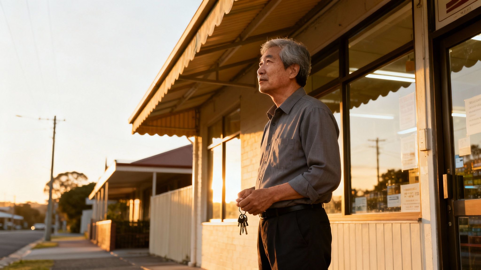 석양에 상점 앞에 서서 열쇠를 들고 먼 곳을 바라보는 나이 든 아시아 남성.