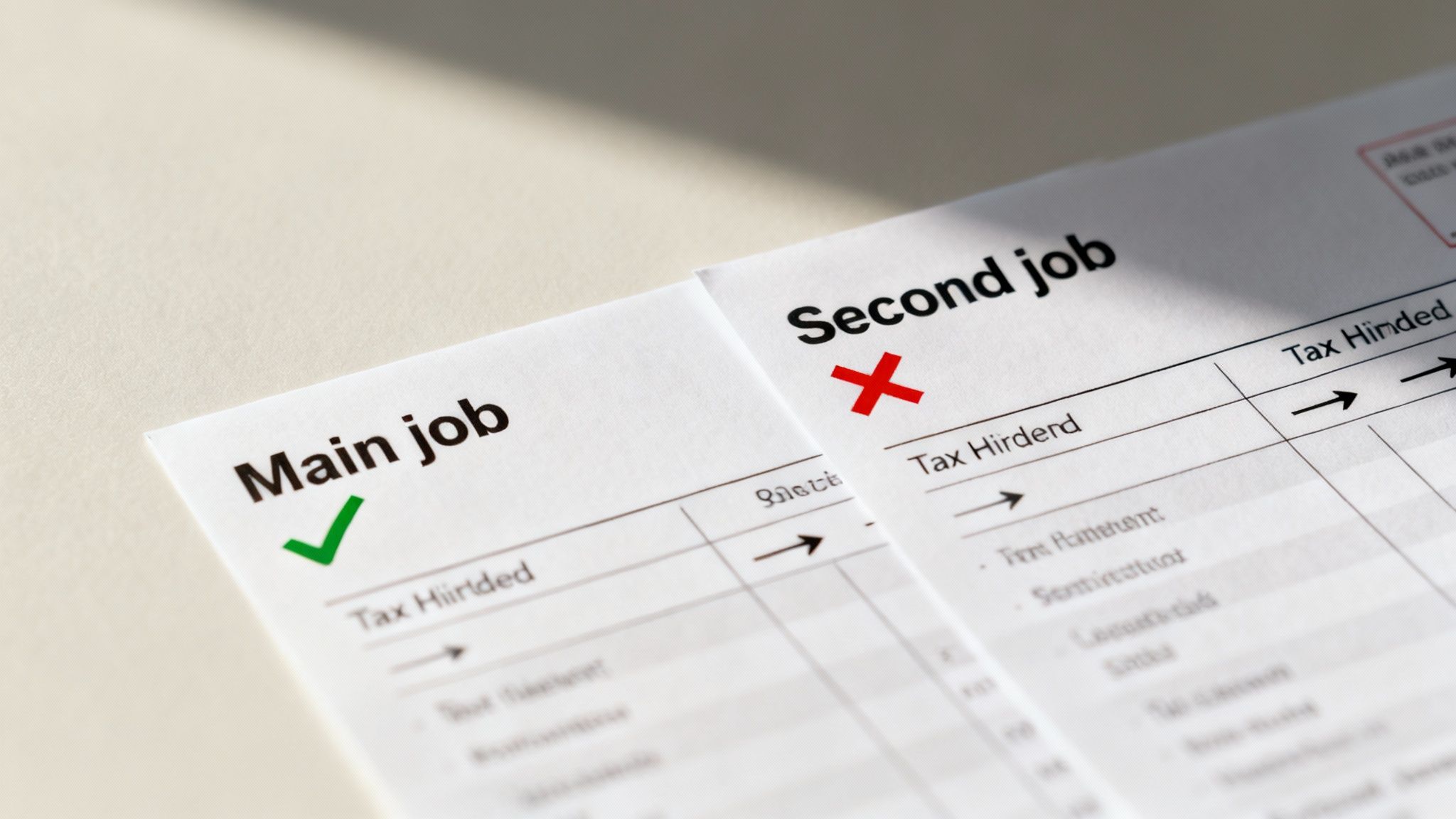 Tax forms for main and second jobs, indicating different tax statuses with a checkmark and cross.