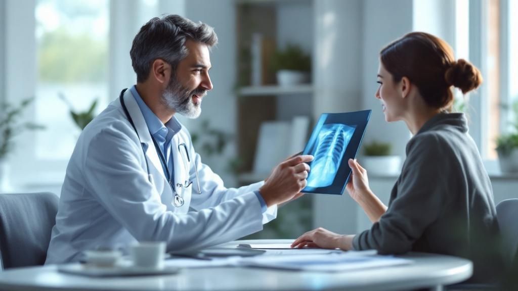 Doctor showing a chest X-ray to a patient in a consultation room
