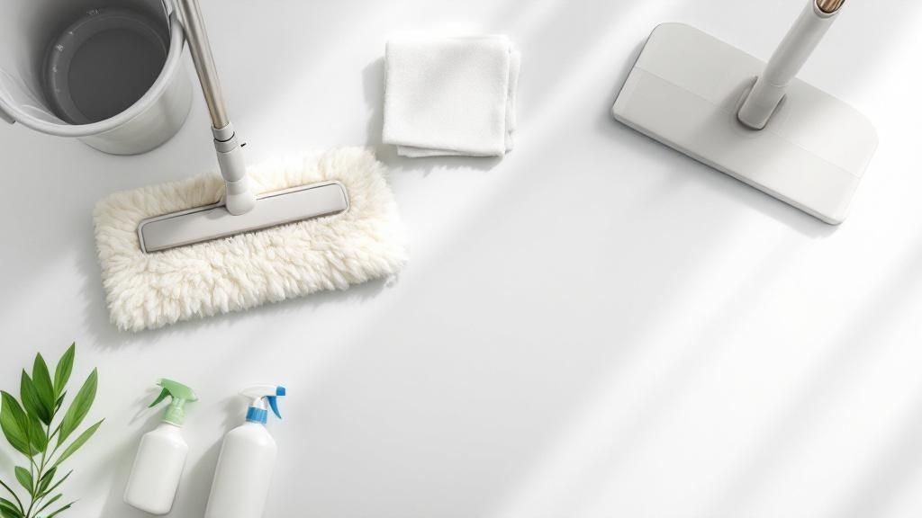 Flat lay of cleaning tools including mop, spray bottles, and cloths on white surface