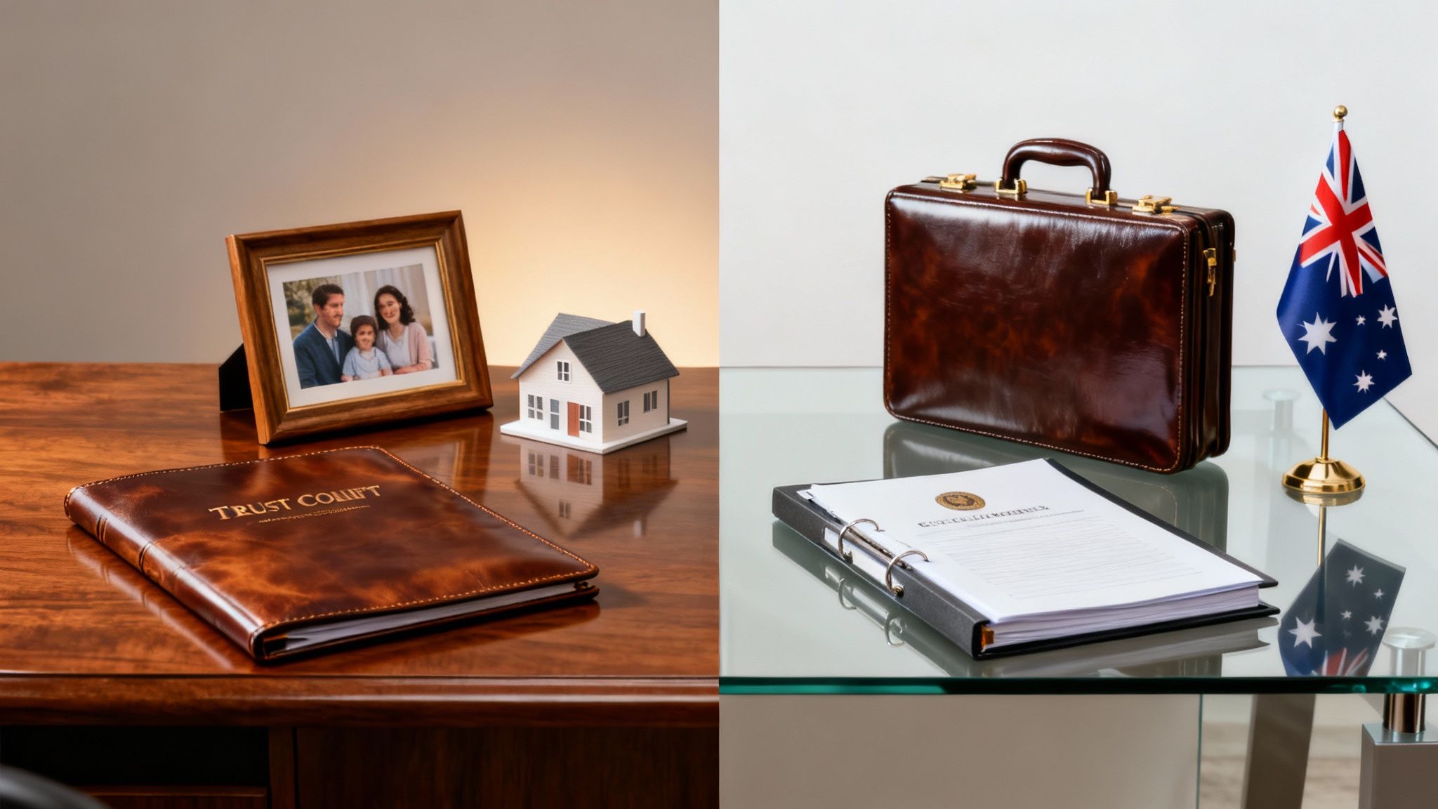 Family trust vs company in Australia comparison, showing financial documents and Australian symbols to illustrate tax planning and business structure decisions.