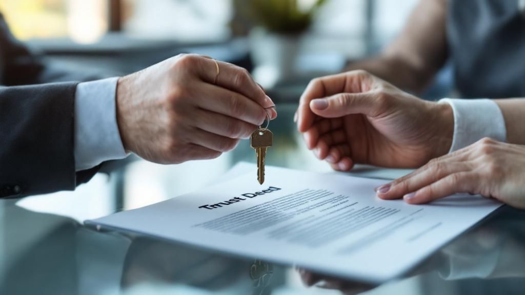 Close-up of hands exchanging house keys over a trust deed document