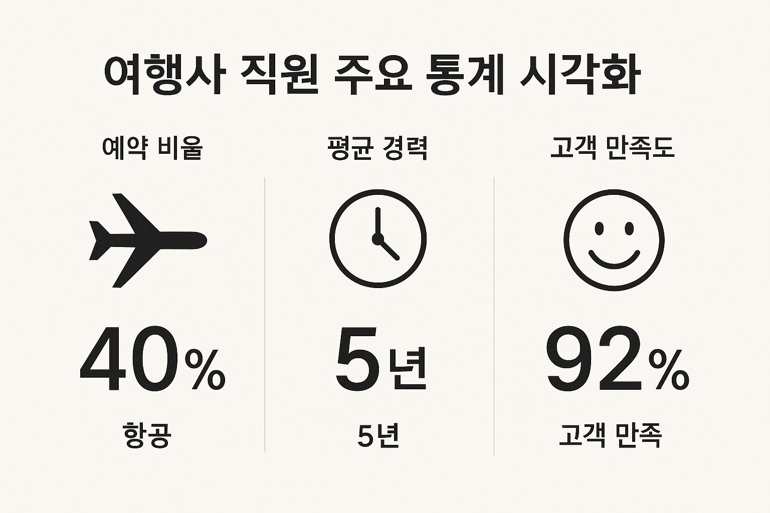 Infographic summarizing key statistics of travel agency staff, including booking rate (40% airline), average experience (5 years), and customer satisfaction (92%).