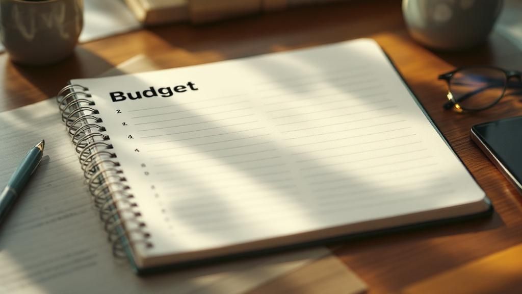 Spiral notebook titled "Budget" on a wooden desk with morning sunlight
