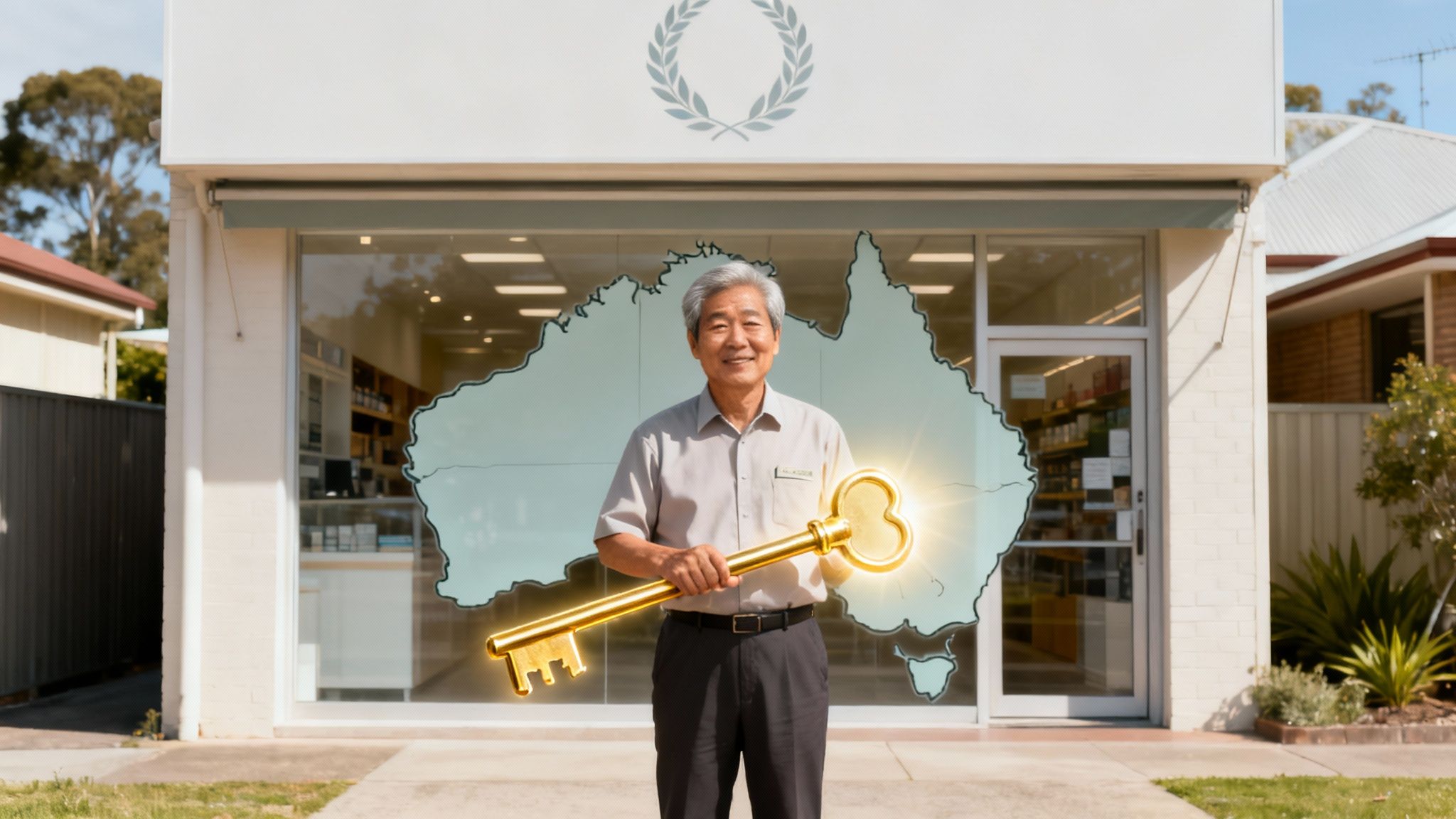 호주 지도 앞에서 황금 열쇠를 들고 있는 사업자 이미지로, 호주 CGT 15년 면제 제도를 통해 자본이득세를 절세하는 전략을 상징함.