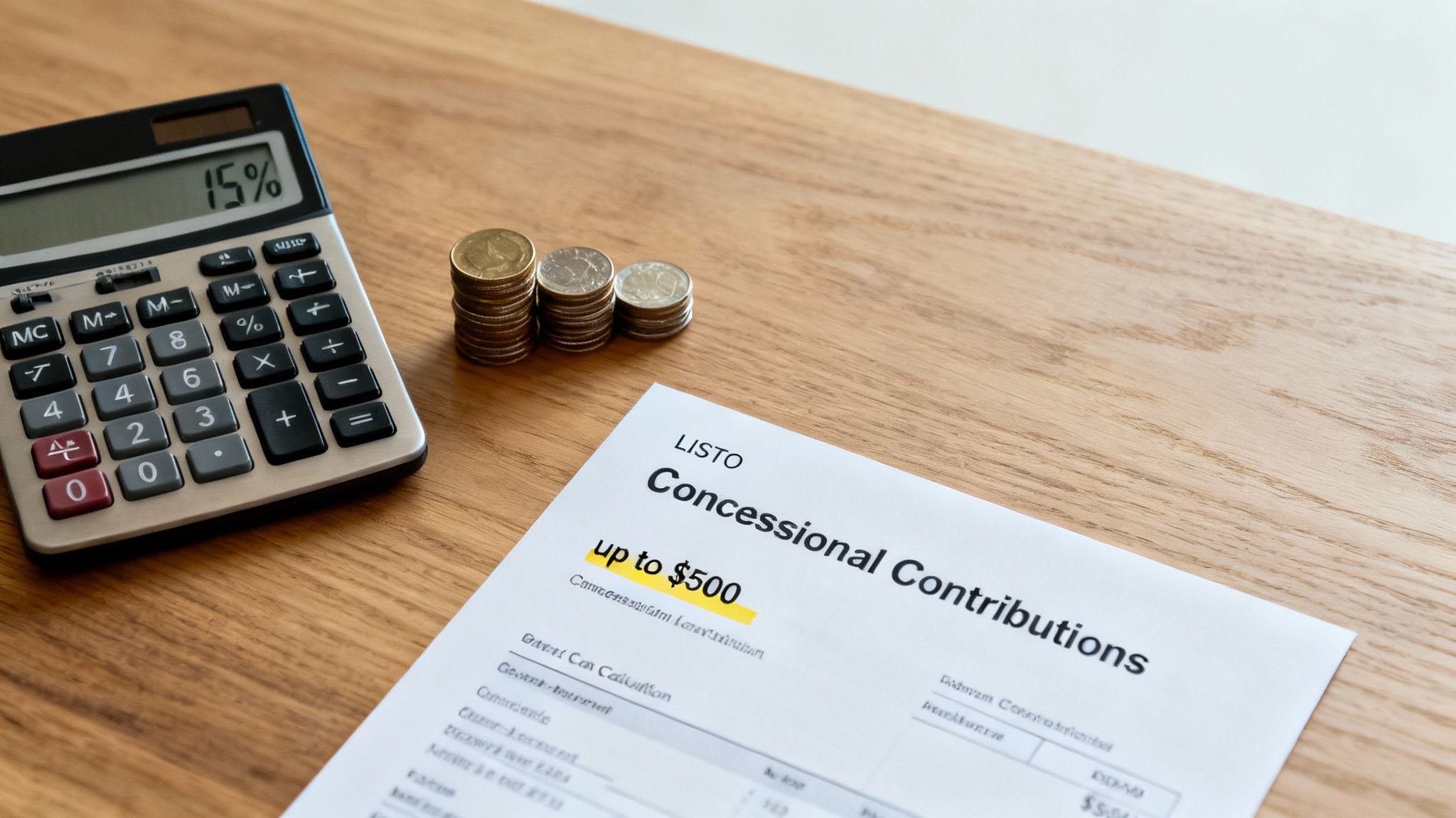 A calculator displaying 15% next to stacks of coins and a document about concessional contributions up to $500.