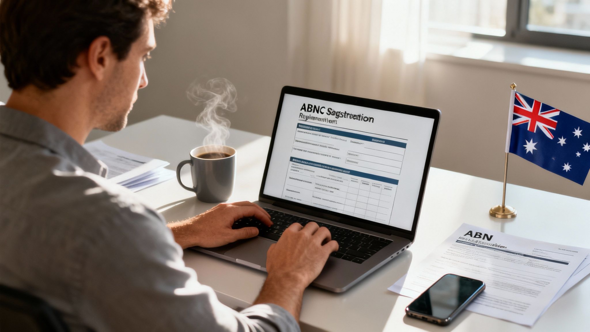 Guide explaining how to register as a self-employed sole trader in Australia, showing ABN and GST setup on a laptop