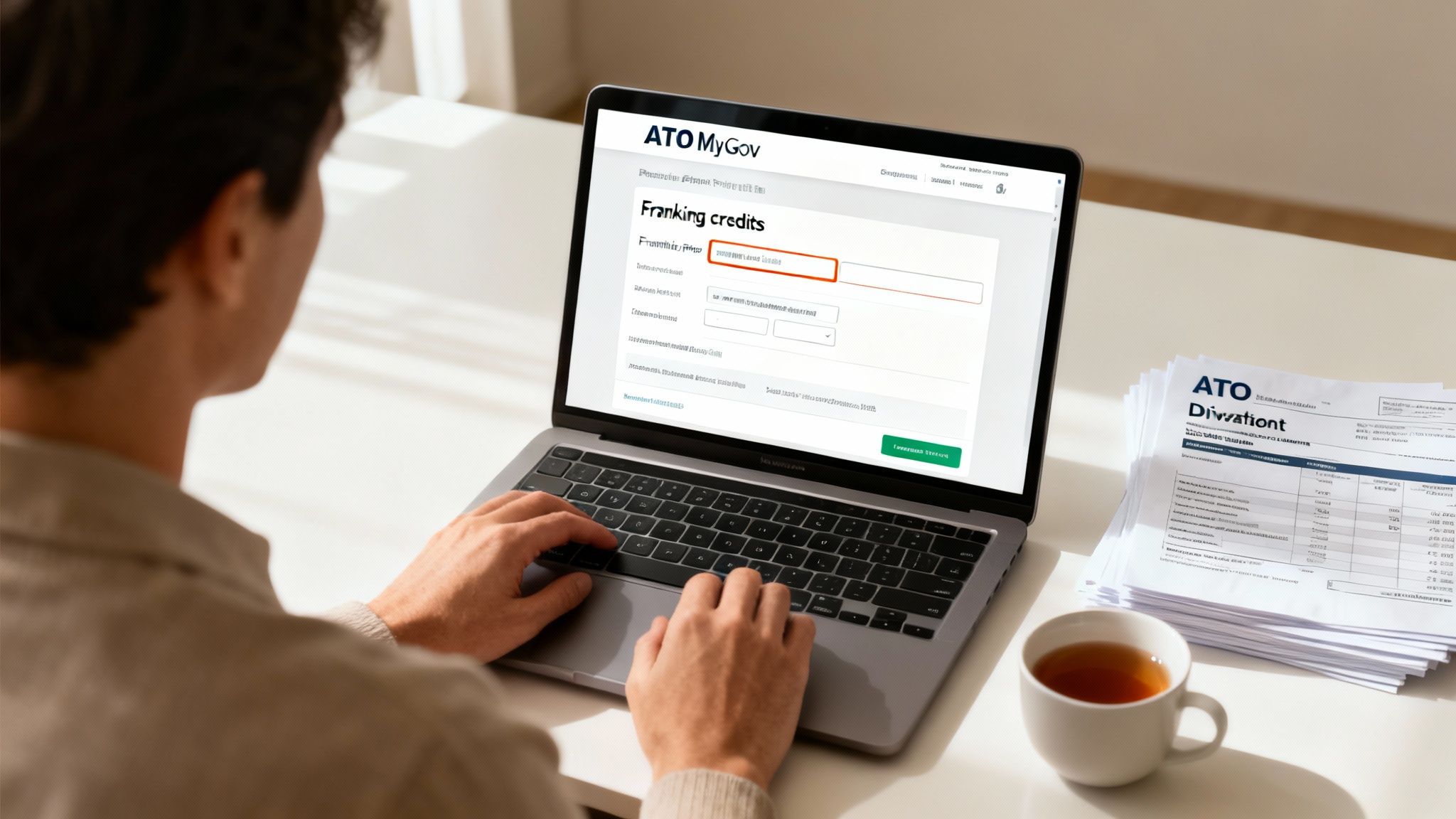 ATO MyGov 웹사이트에서 Franking credits 양식을 작성하는 사람의 모습입니다. 노트북과 서류, 차 한 잔이 놓여 있습니다.