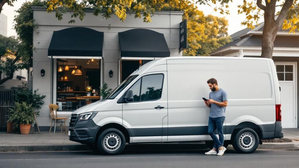 A man standing next to a delivery van outside a café, symbolizing small business operational expenses like transport and logistics