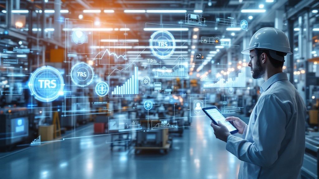 Engineer using digital tablet to analyze TRS refund data in a high-tech logistics warehouse