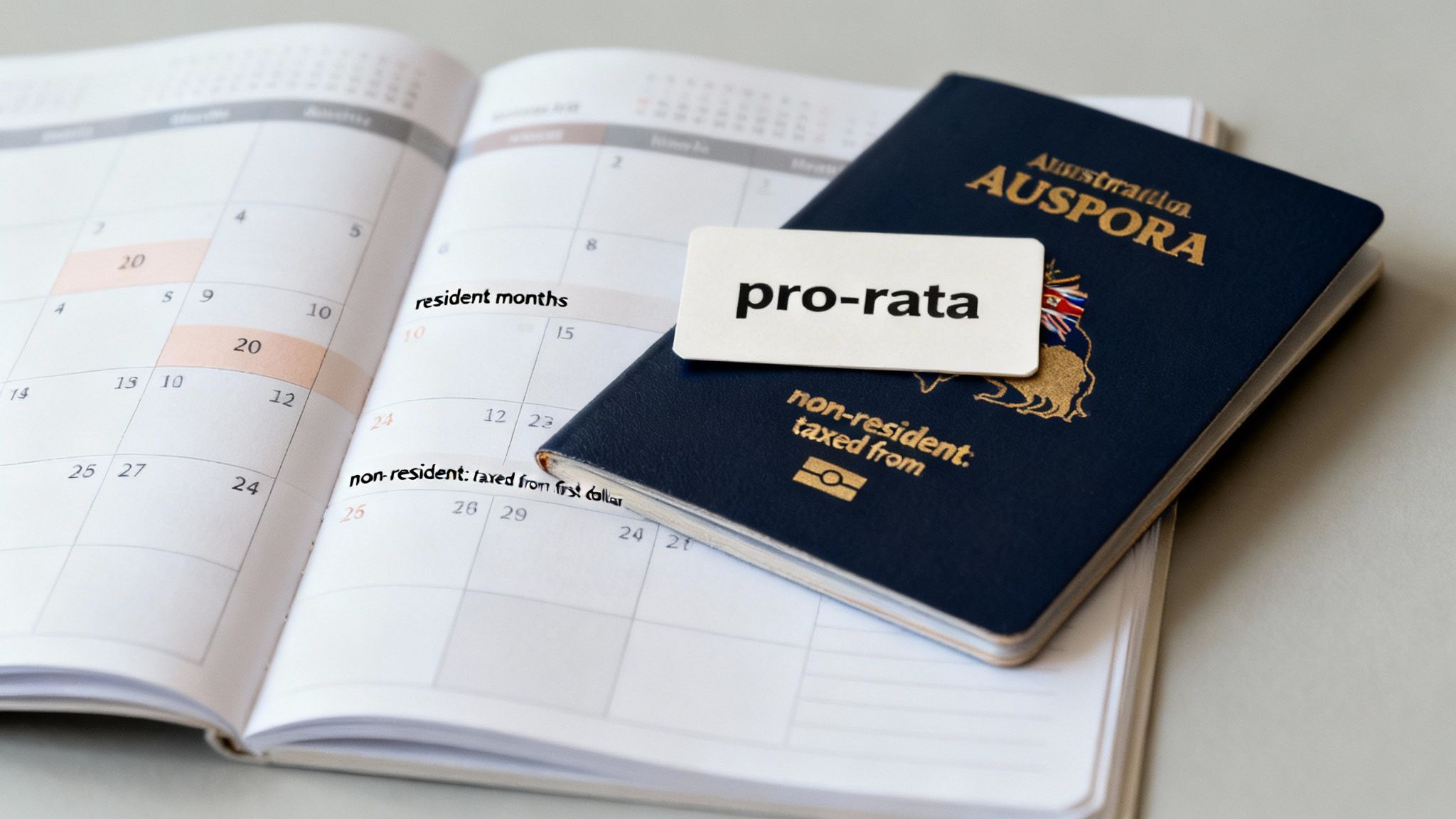 An Australian passport, calendar, and 'pro-rata' card, symbolizing tax residency and calculations.