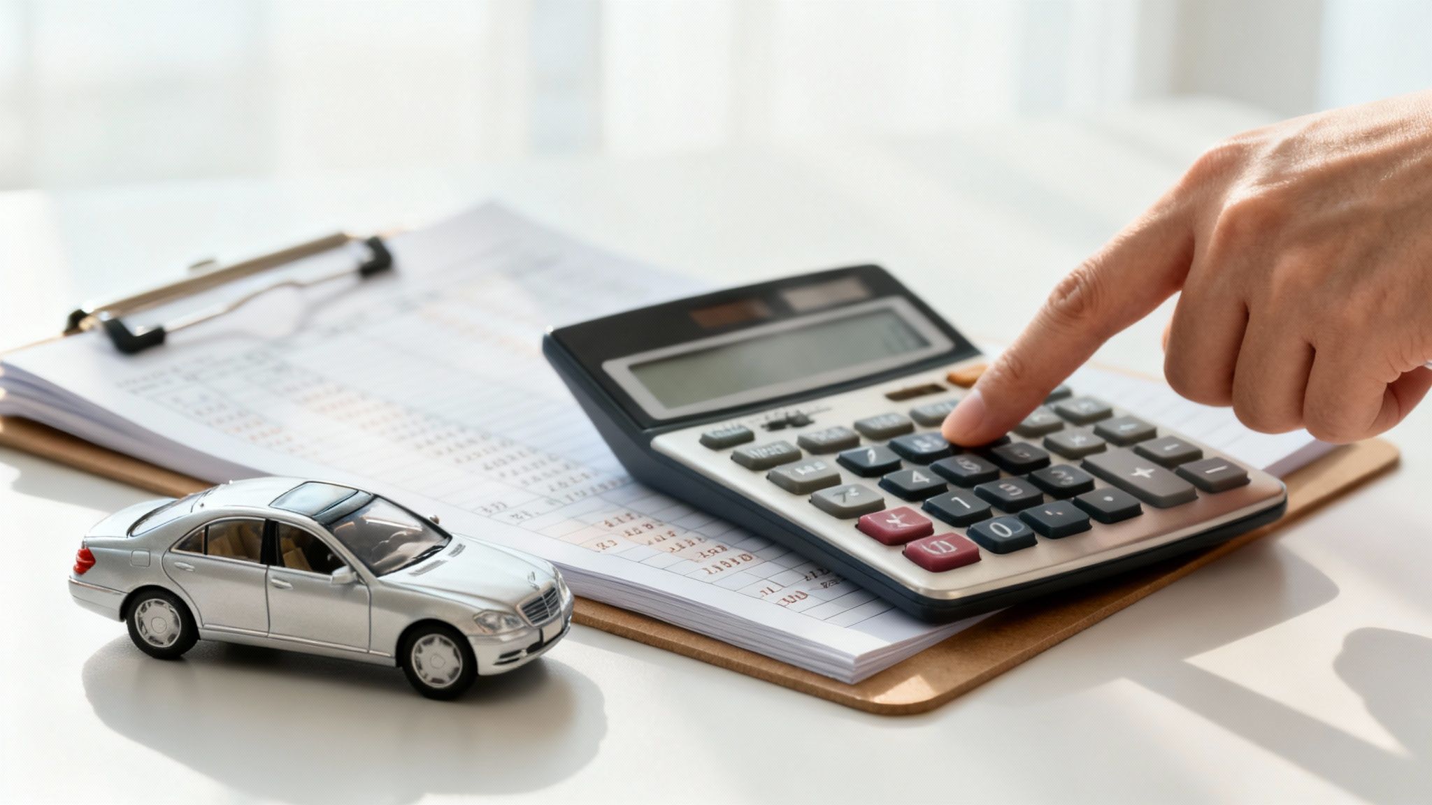 자동차 구매 또는 유지 비용을 계산하는 손과 장난감 자동차