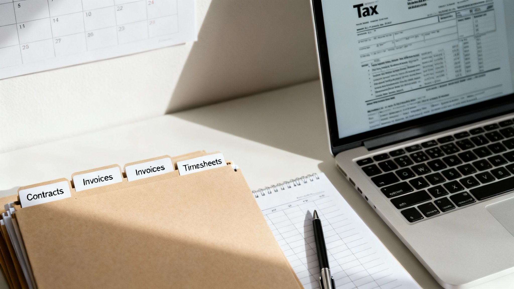A desk setup with a laptop showing a tax form, file folders, a notebook, and a calendar, highlighting financial organization.