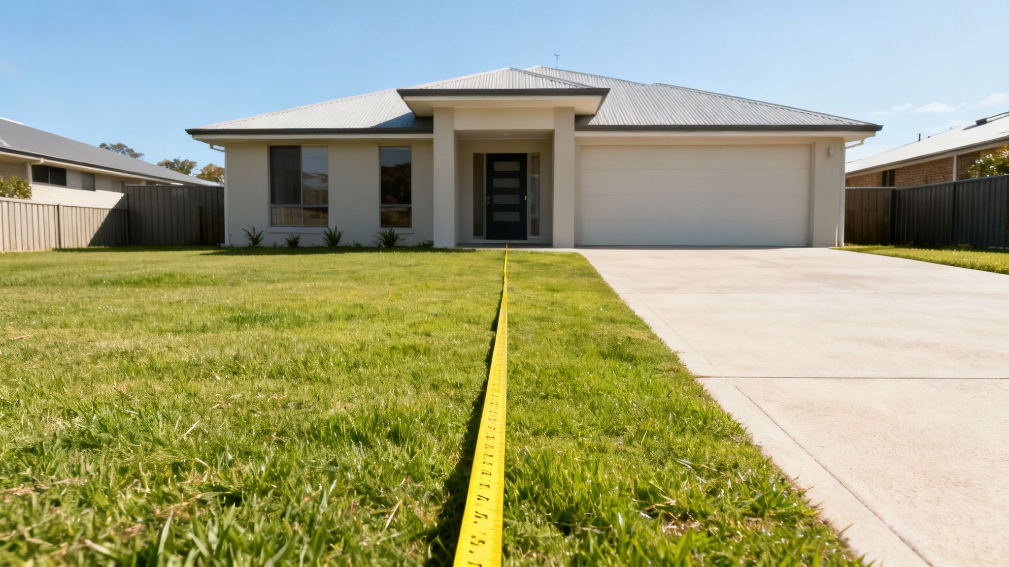 A modern house with a green lawn and a yellow measuring tape leading to the front door.