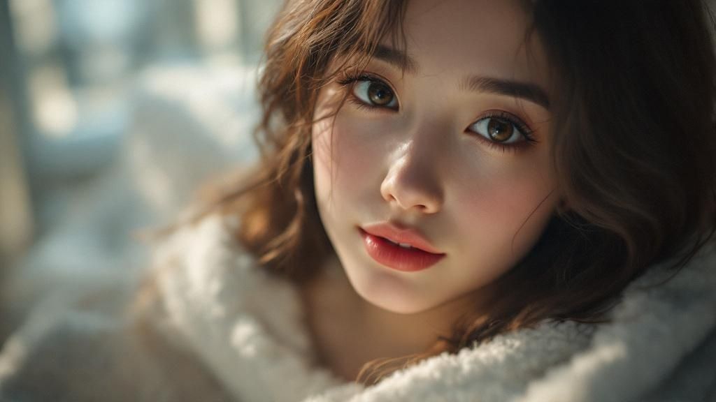 Portrait of a woman in soft winter clothing during a trip abroad
