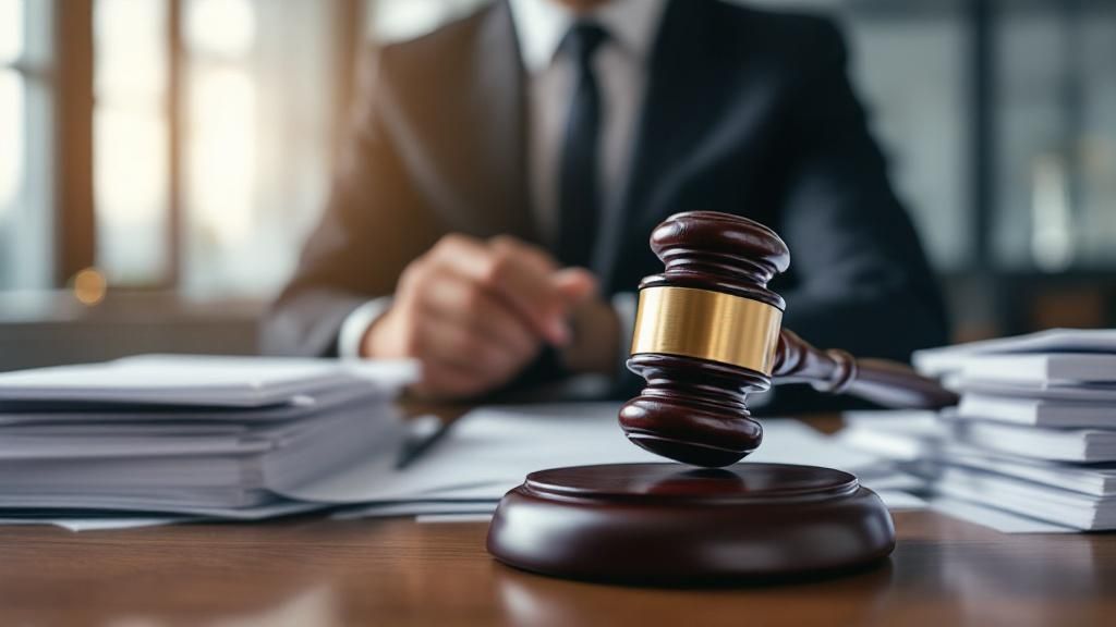 Judge's gavel on a desk with legal documents and a suited figure in the background