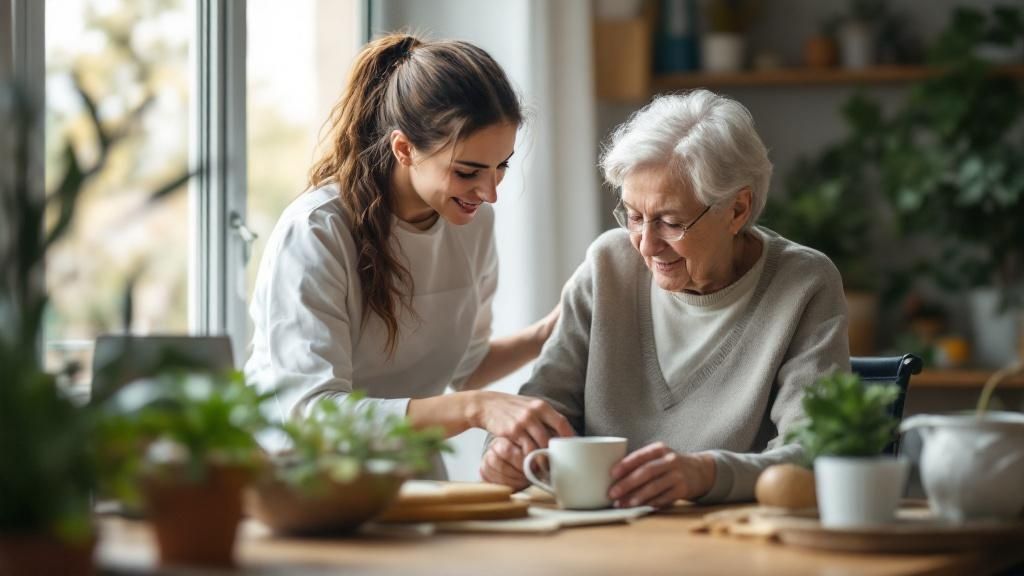 Young female caregiver assisting an elderly woman at the breakfast table with a warm smile.