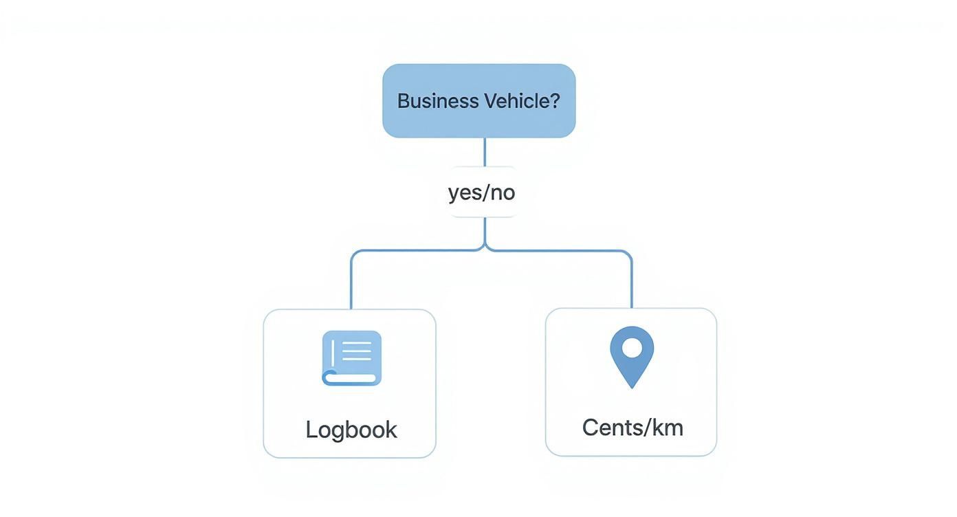 A flowchart showing decision options for business vehicle expenses: Logbook or Cents per kilometer.