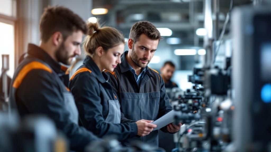A group of apprentices in a modern industrial workshop receiving instructions from a supervisor