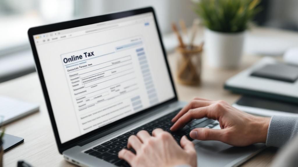Hands typing on a laptop displaying an online tax form
