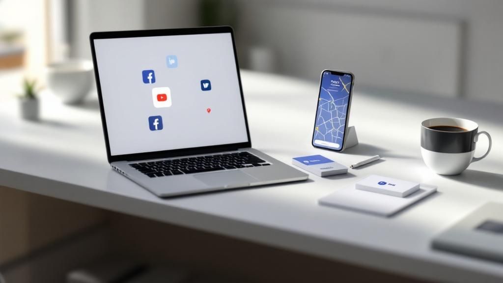 Workspace with laptop showing social media icons, smartphone with map, and business cards on a desk