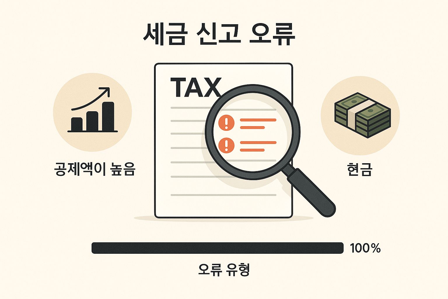 Tax return errors infographic showing common mistakes such as excessive deductions and unreported cash income, with a magnifying glass highlighting issues on a tax document.