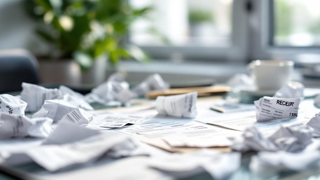 Messy desk filled with crumpled and disorganised receipts, symbolising poor tax record keeping before an ATO audit.