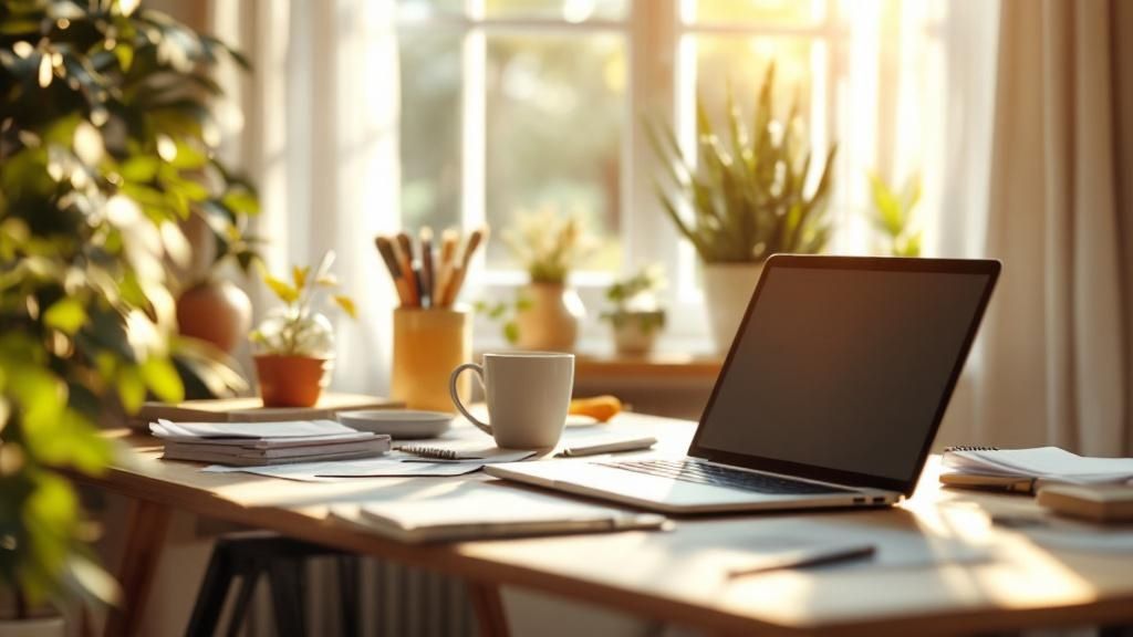 Sunlit home office desk with a laptop, coffee mug, and paperwork, representing small business asset purchases and deductions
