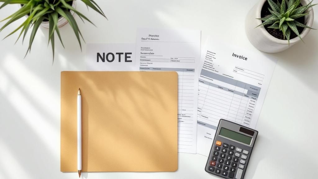 Notebook, pencil, invoices, and calculator on a desk, representing GST and BAS tax preparation