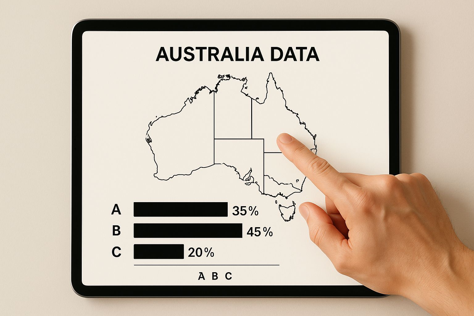 Hand pointing at a digital map of Australia with bar chart data labeled A, B, and C