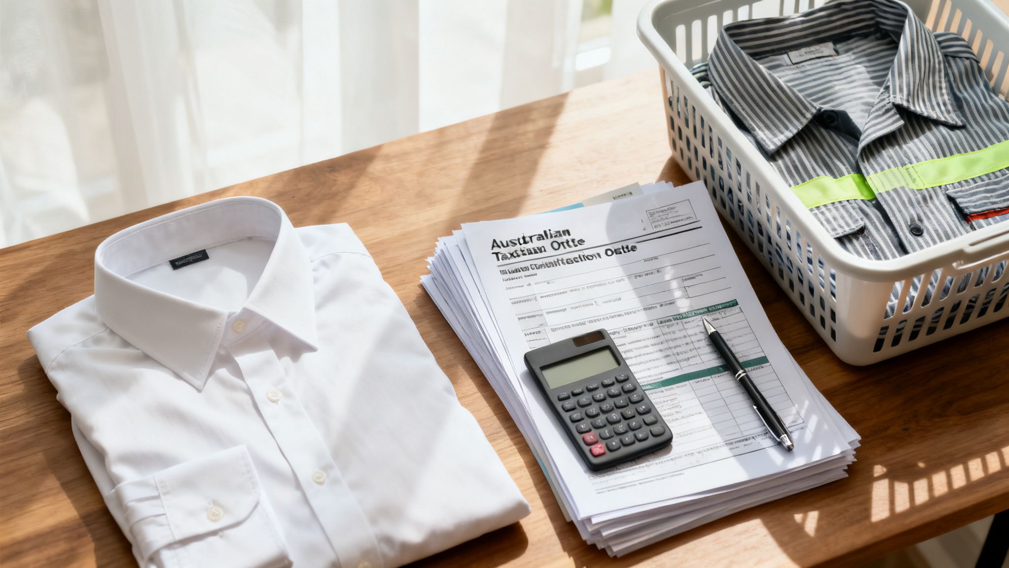 Work uniform expenses with calculator and paperwork illustrating ATO tax deduction claims for compulsory and protective clothing.
