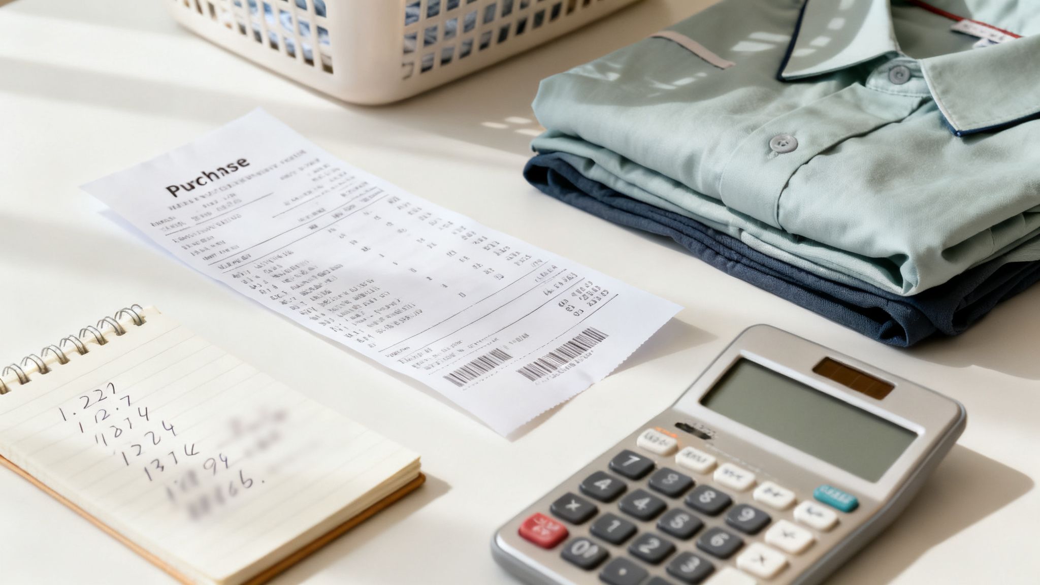 영수증, 계산기, 메모, 접힌 유니폼이 있는 경비 정산 테이블 이미지입니다.