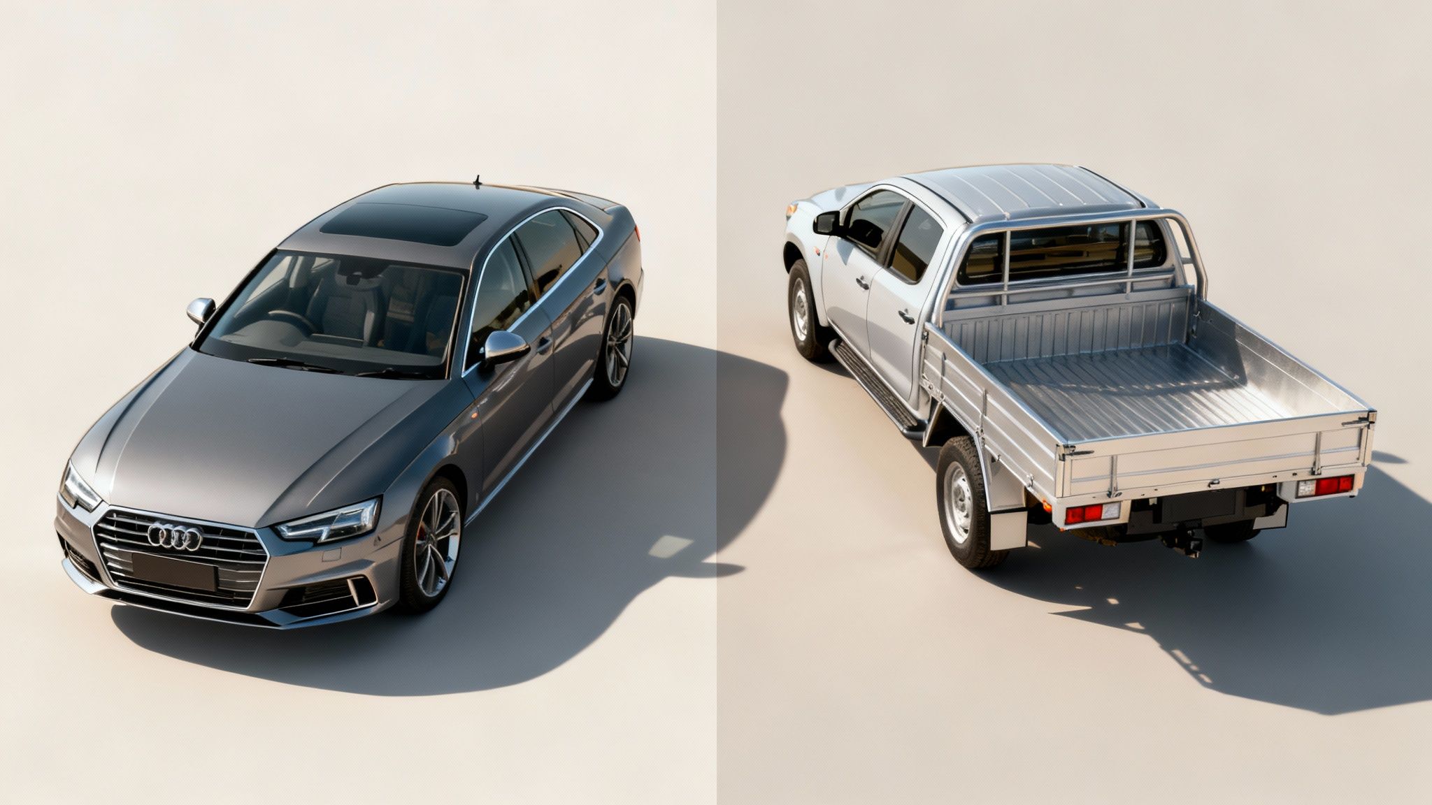 하얀 배경에 주차된 회색 아우디 세단과 은색 픽업 트럭의 위에서 본 모습입니다.