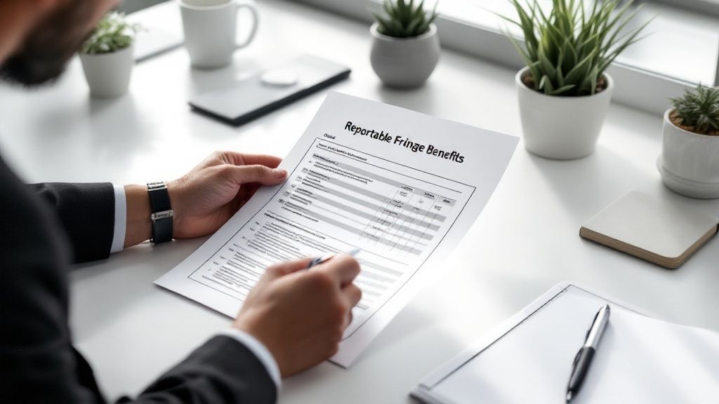 Businessperson reviewing a document titled Reportable Fringe Benefits at a modern office desk.