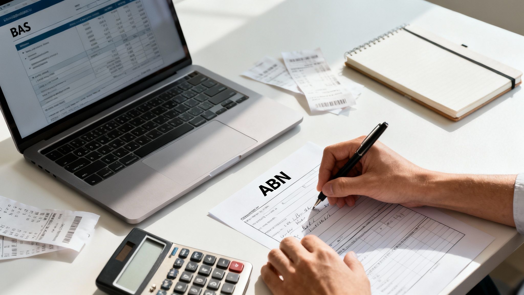 Person's hands filling an ABN form at a desk with a laptop displaying BAS data, calculator, and receipts.
