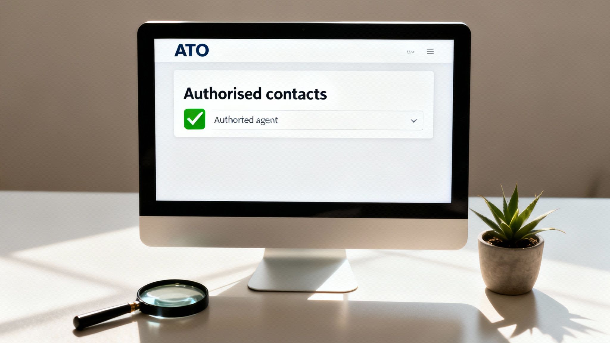 컴퓨터 화면에 ATO 웹사이트의 &#39;승인된 연락처&#39; 페이지가 보이며, &#39;승인된 에이전트&#39;가 선택되어 있습니다.