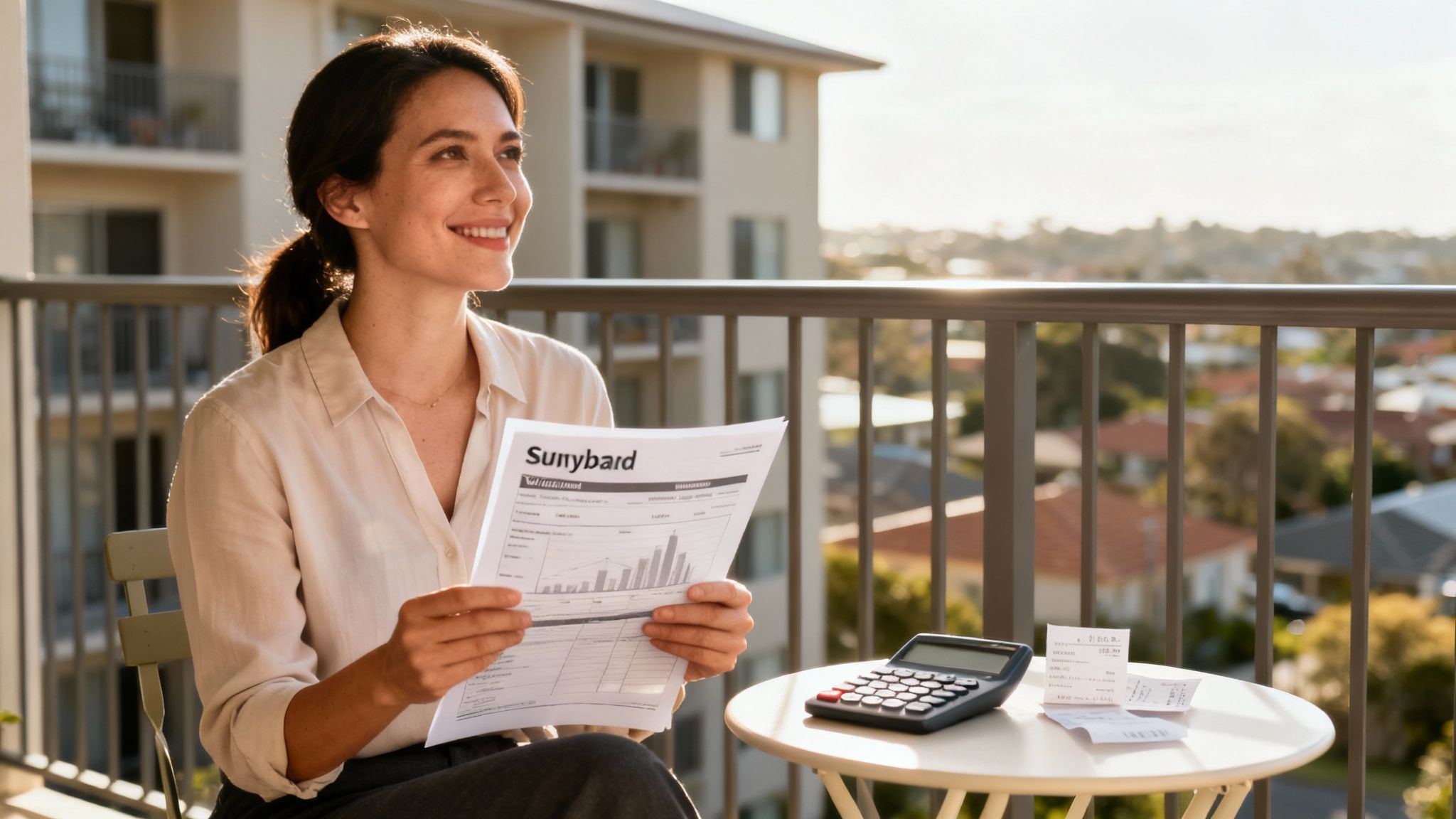 Happy woman on a balcony reviewing a financial statement, with a calculator nearby.