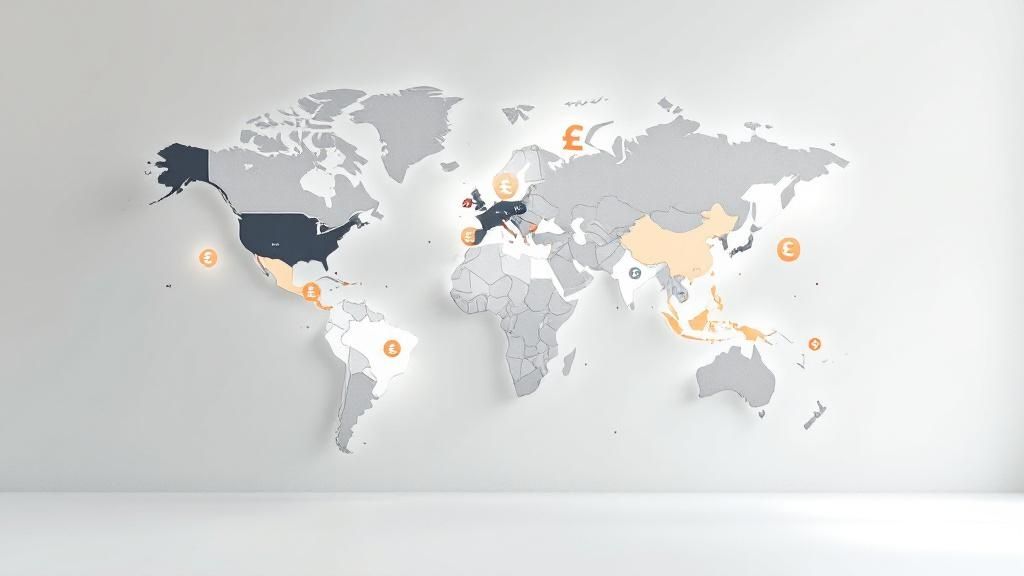 "A world map highlighting different currencies across continents, symbolising global income sources for tax reporting.
