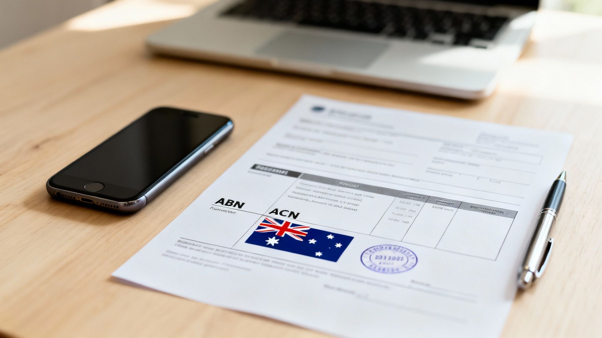 Australian business document with ABN, ACN, flag, smartphone, and pen on a wooden desk.