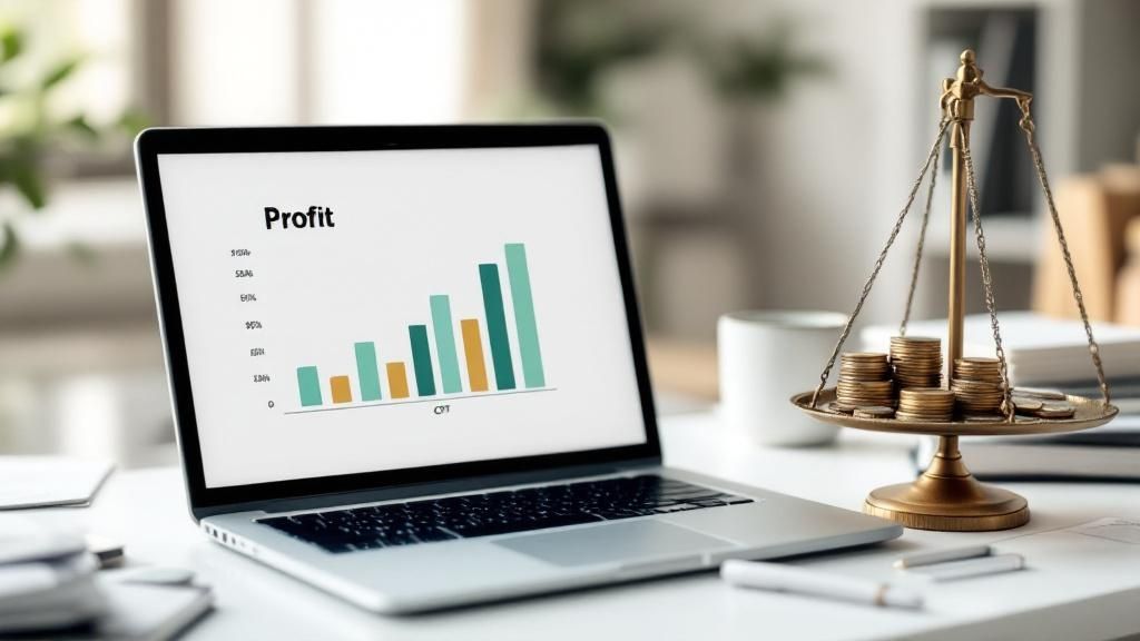 Open laptop displaying a profit bar chart labeled 'CGT', with a justice scale holding stacked coins beside it—symbolising capital gains tax impact on profits.