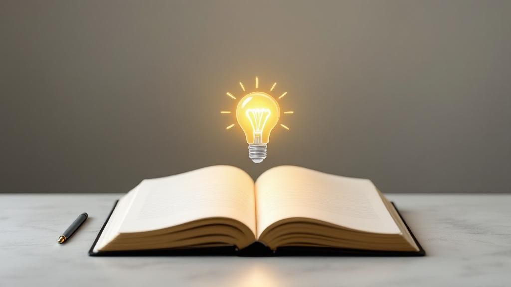 Open book with a glowing light bulb above it symbolising knowledge and inspiration