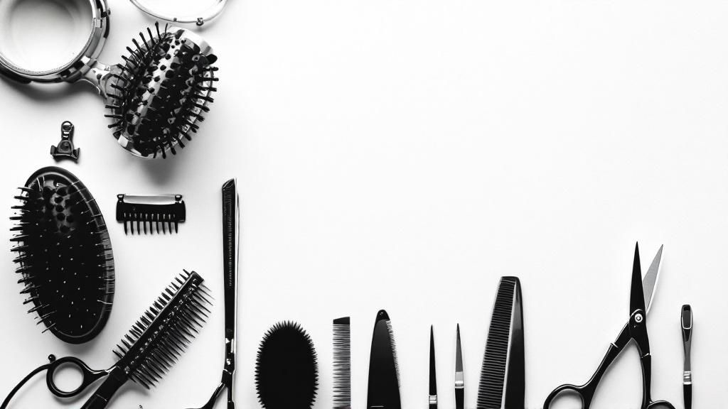 Flat lay of hairdressing tools including combs, brushes, and scissors on white background