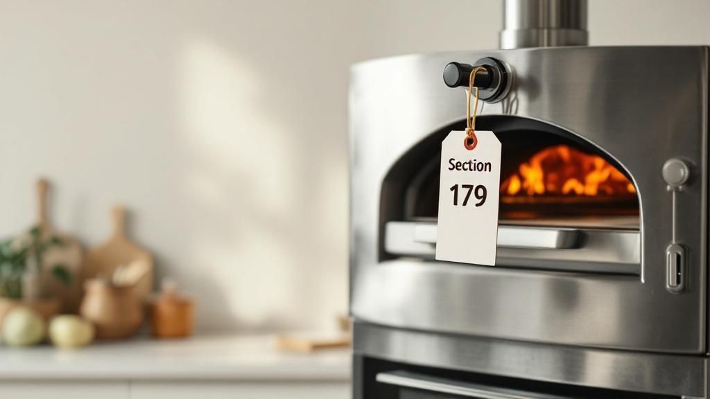 A commercial kitchen oven with a Section 179 tag, symbolizing instant asset write-off for restaurant equipment