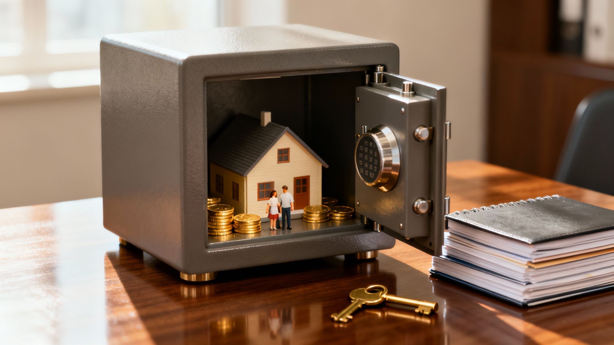Discretionary trust asset protection concept showing a house secured in a safe with financial documents, illustrating Australian trust tax planning