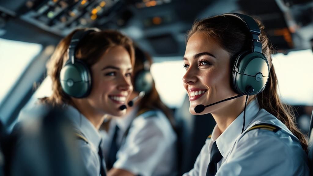 Smiling female pilots wearing headsets in a cockpit, representing confidence and teamwork in aviation careers.