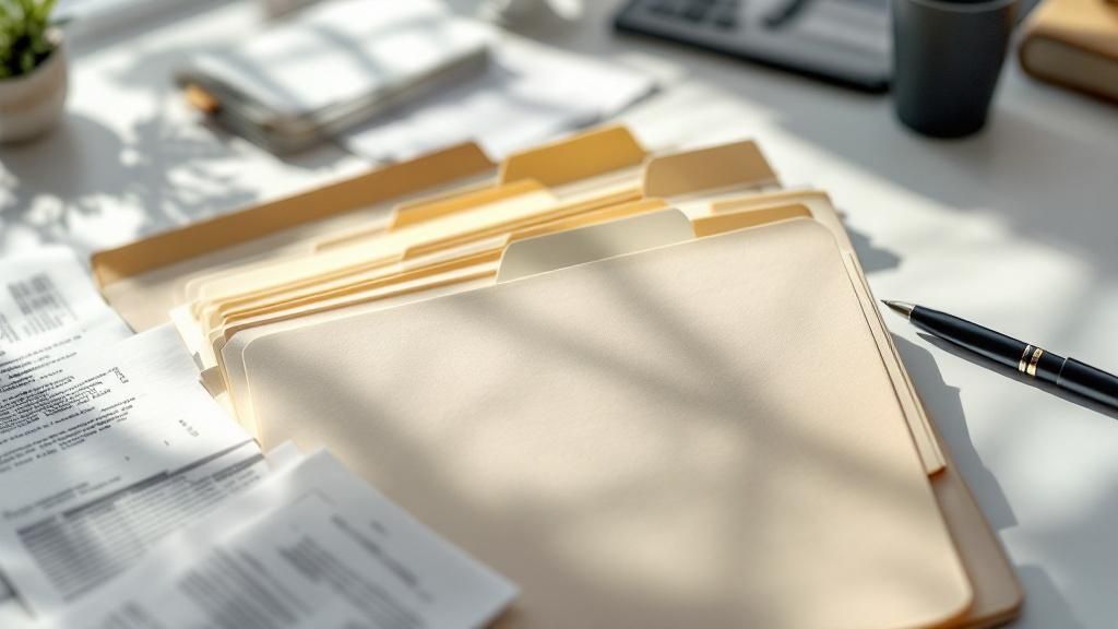 Organised file folders with financial documents and a pen on a desk, representing property tax record keeping